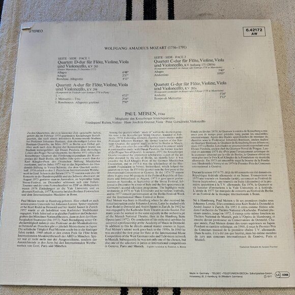 Mozart - Paul Meisen, Kreuzberger Streichquartett – Flötenquartette NM/EX Classi - Picture 3 of 10